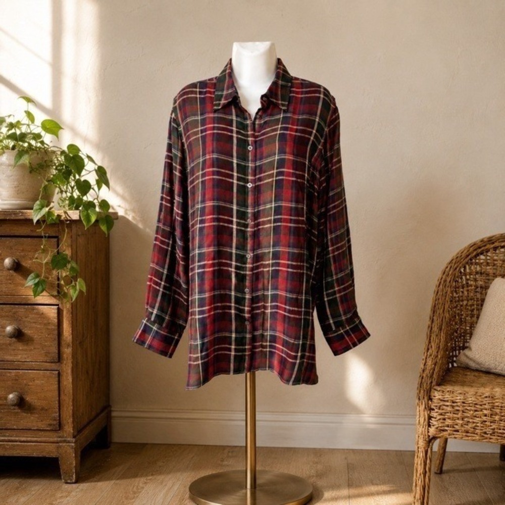 Lauren Ralph Lauren LRL Plaid Button Front Shirt Womens Large Viscose